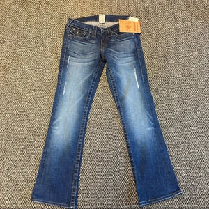 TRUE RELIGION Sz 27 Disco Becky Big T Swarovski Crystal Distressed Jeans